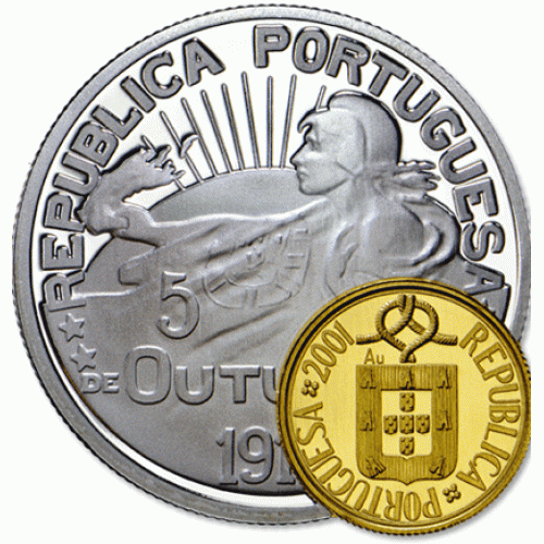 Portugal 2,50€ Centenário da Primeira Moeda Comemorativa da República 2014 (Excêntica) Prata/Ouro Proof 