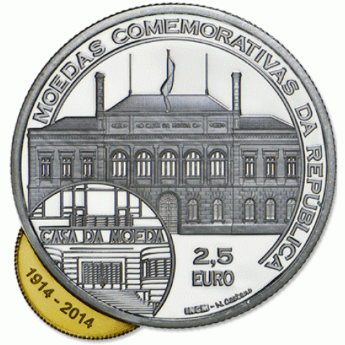 Portugal 2,50€ Centenário da Primeira Moeda Comemorativa da República 2014 (Excêntica) Prata/Ouro Proof 