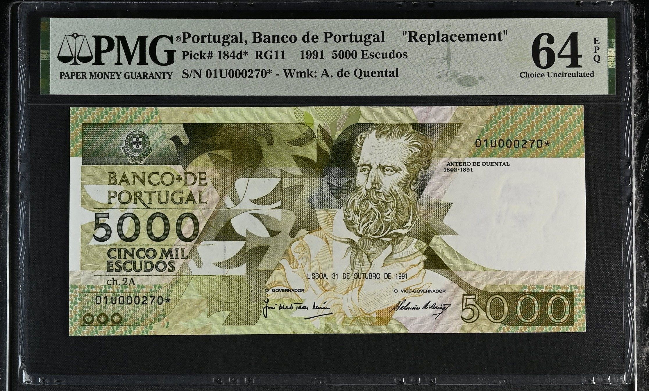 5.000 Escudos Antero Quental 31.10.1991 - PMG64 * Substituição