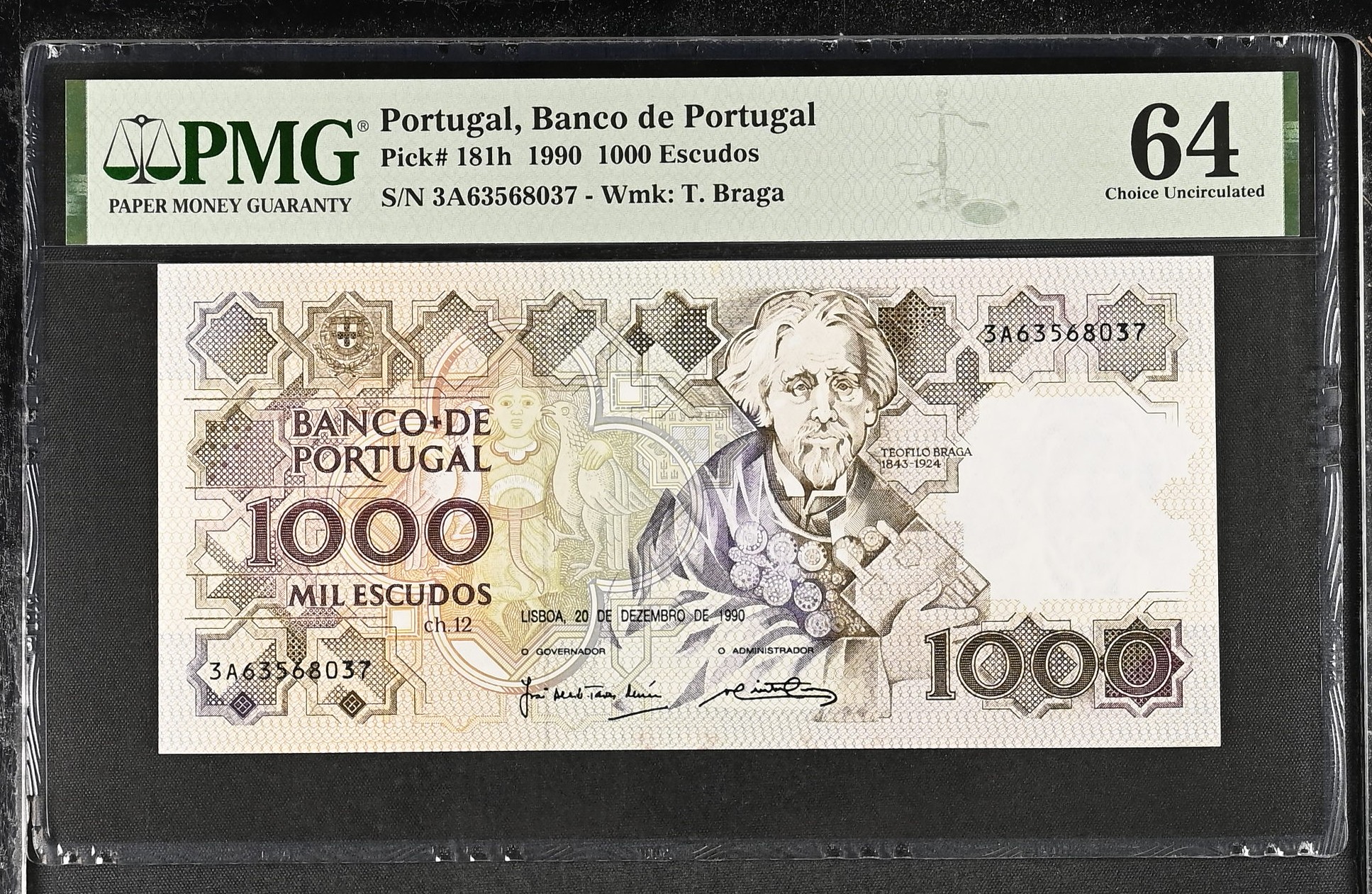 1.000 Escudos Teófilo Braga 20.12.1990 PMG64