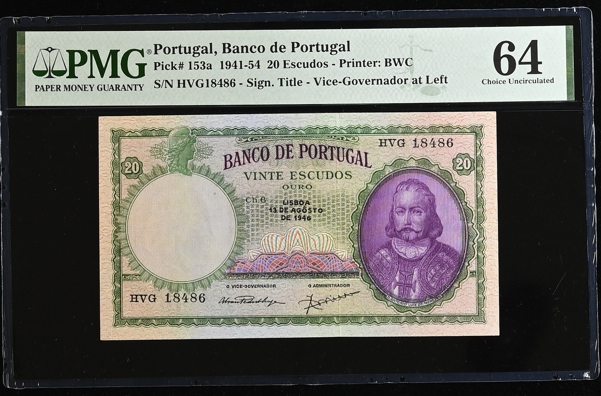 20 Escudos D. António Luiz de Menezes 13.08.1946 PMG64