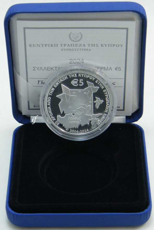 Chipre 5€ 20 aniversario da adesão a União Europeia Prata Proof 2024